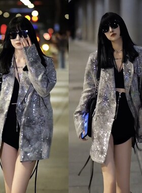 亮片小西装2026秋季行走的目光收割机银灰色亮片西服外套女中长款