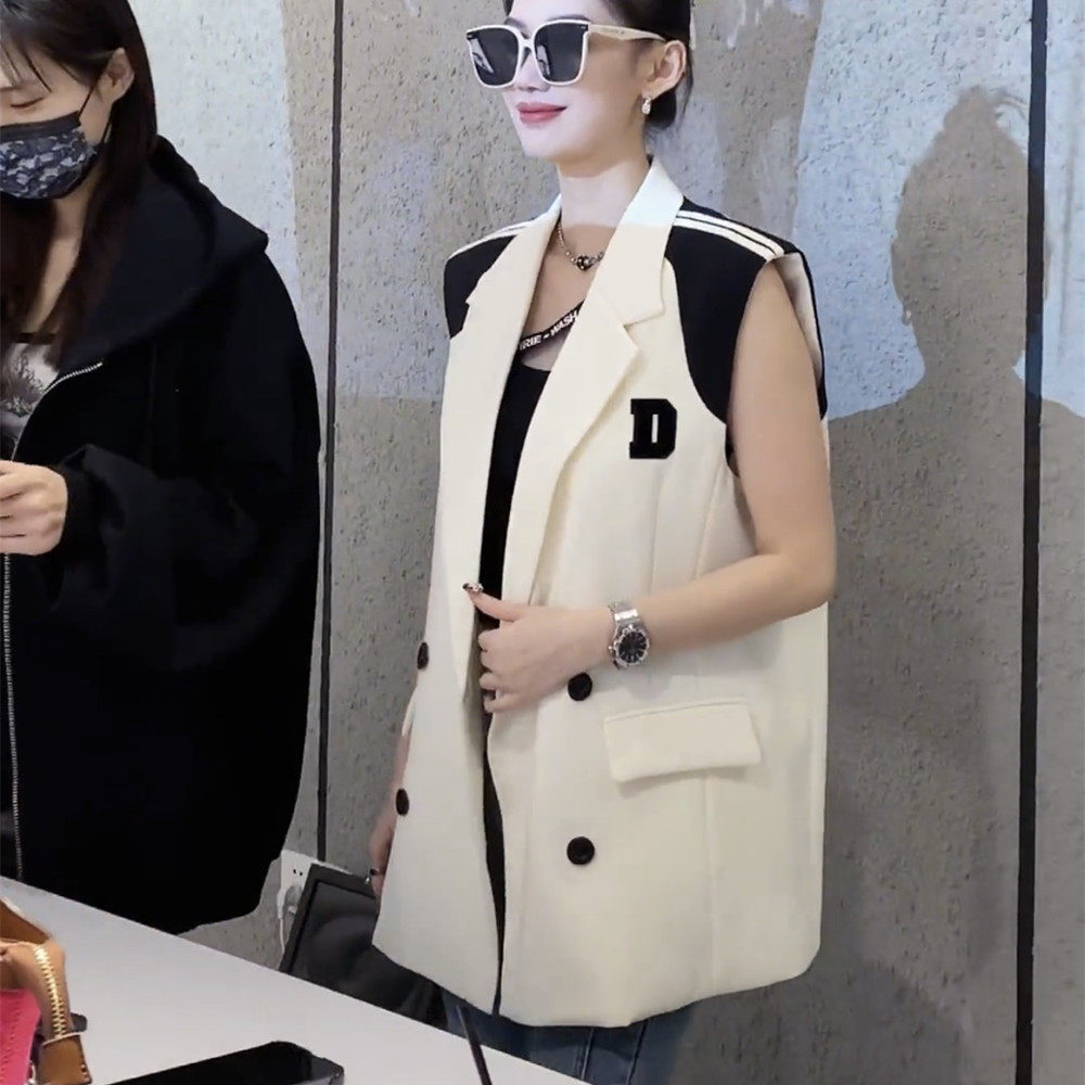 2025早秋新款拼色无袖西装女韩版时髦洋气宽松白休闲马甲上衣外套