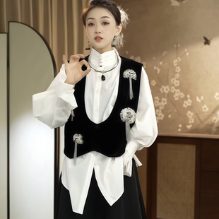 套装 2025年秋季 轻熟洋气优雅黑色绣花马甲立领白色衬衫 法式 女 新款