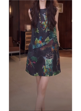 印花深蓝色马甲式圆领连衣裙女