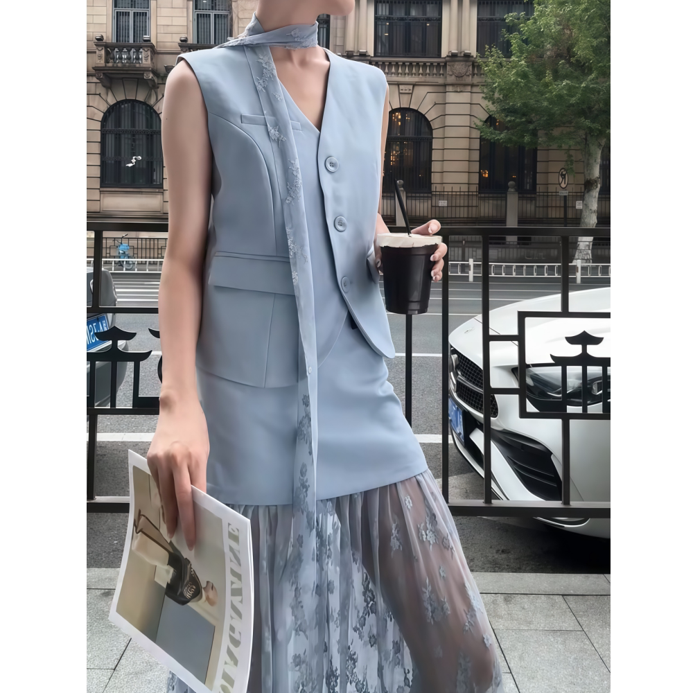 韩系气质无袖马甲套装减龄洋气刺绣半身裙两件套百搭时尚两件套女