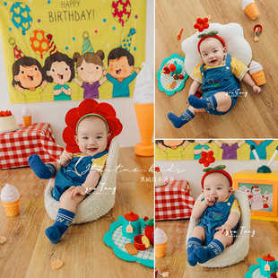 复古不二家男孩子百天周岁男宝摄影拍照服装儿童写真艺术照道具