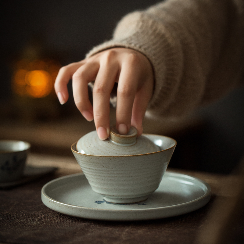 草木灰 陶瓷盖碗大号 复古手绘三才盖碗 敬茶碗 窑变功夫茶具茶杯