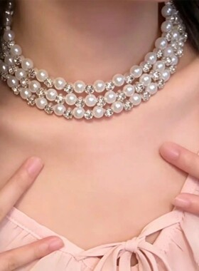 法式轻奢闪锆珍珠项链夸张晚礼服配饰choker锁骨链高级感小众颈链