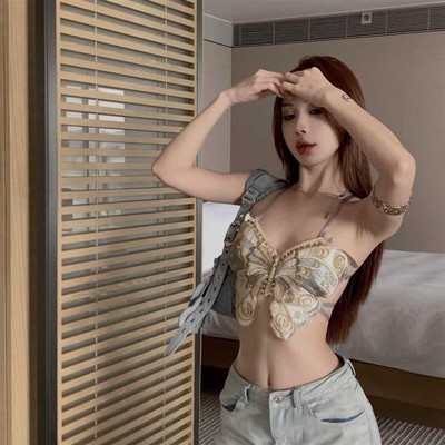蝴蝶刺绣性感露背抹胸吊带背心女夏季修身设计感小众辣妹短款上衣