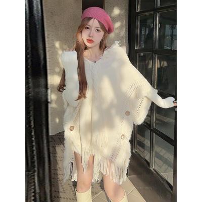 少女复古气质森系披肩流苏连帽斗篷式上衣百搭宽松显瘦毛衣针织衫