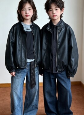 秋季新品 男童女童可亲子 黑色 PU皮衣夹克外套下摆可收口调节368