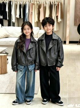 秋季新品 男童女童可亲子  军绿色黑色 翻领PU皮衣夹克外套 599元