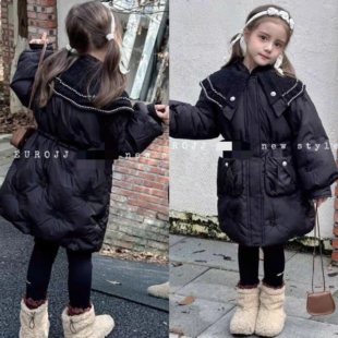 冬装女童可亲子90%鸭绒黑色杏色刺绣钉珠中长款羽绒服外套 1199元