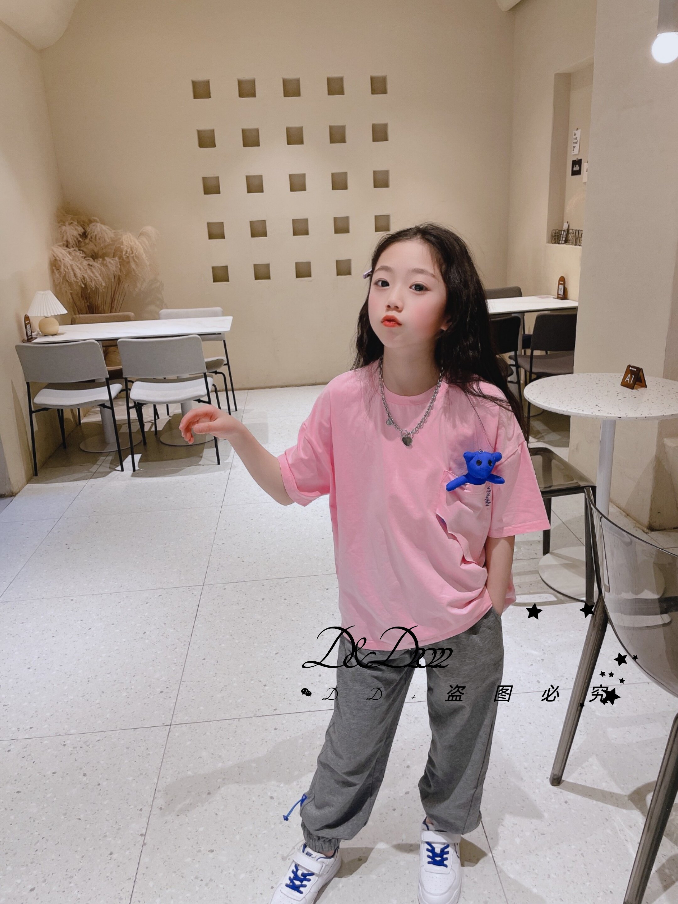 Half modern 夏装男女童粉色圆领纯色短袖T恤配蓝色小熊 168