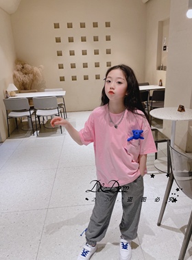 Half modern 夏装男女童粉色圆领纯色短袖T恤配蓝色小熊 168