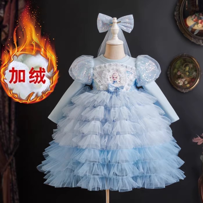 女童连衣裙爱莎公主裙冬款艾莎加绒保暖纱裙蛋糕裙公主礼服裙子