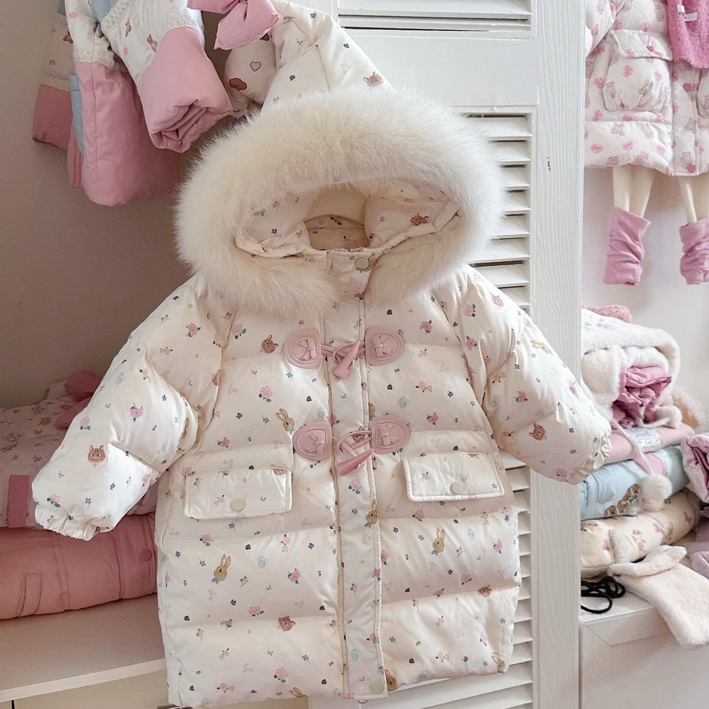 儿童羽绒服2024冬季新款女童白鸭绒宝宝连帽中长款外套小女孩棉服