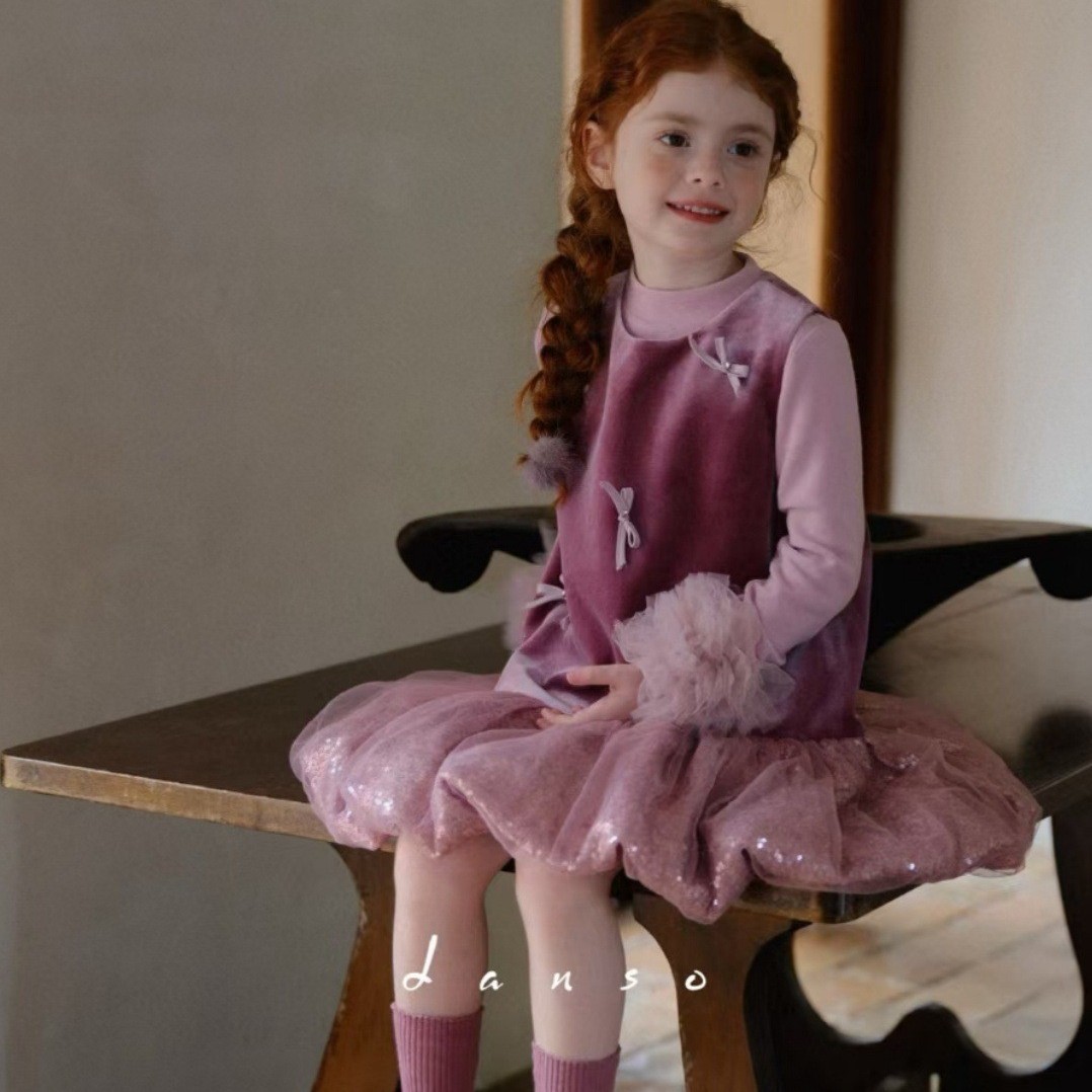 女童小香风花苞裙2025秋冬新款洋气小女孩蝴蝶结无袖背心公主裙