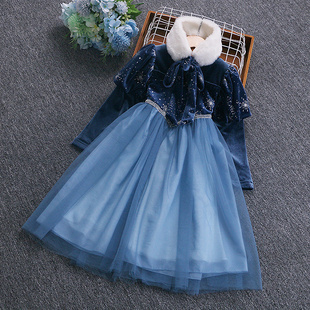 女童加绒连衣裙爱莎公主裙秋冬新款儿童黑色礼服长裙子2024冬季裙