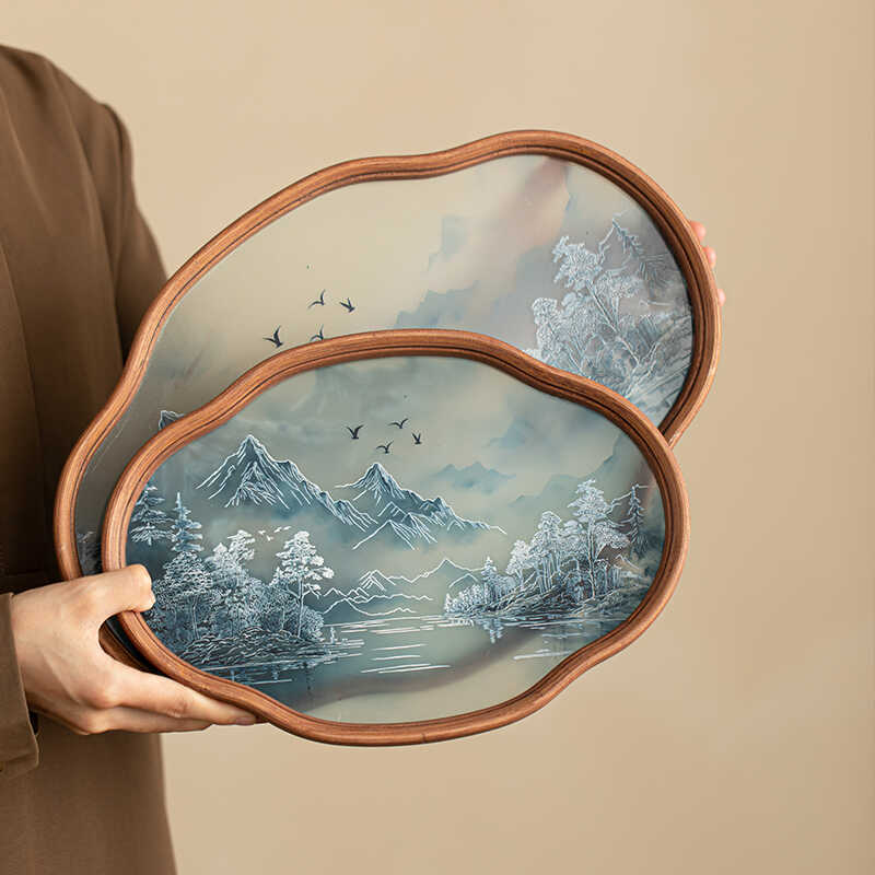 山水海棠花收纳茶点盘竹制日式