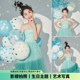 儿童摄影服装女童拍照衣服蓝色连衣裙纱裙头饰主题影楼写真艺术照