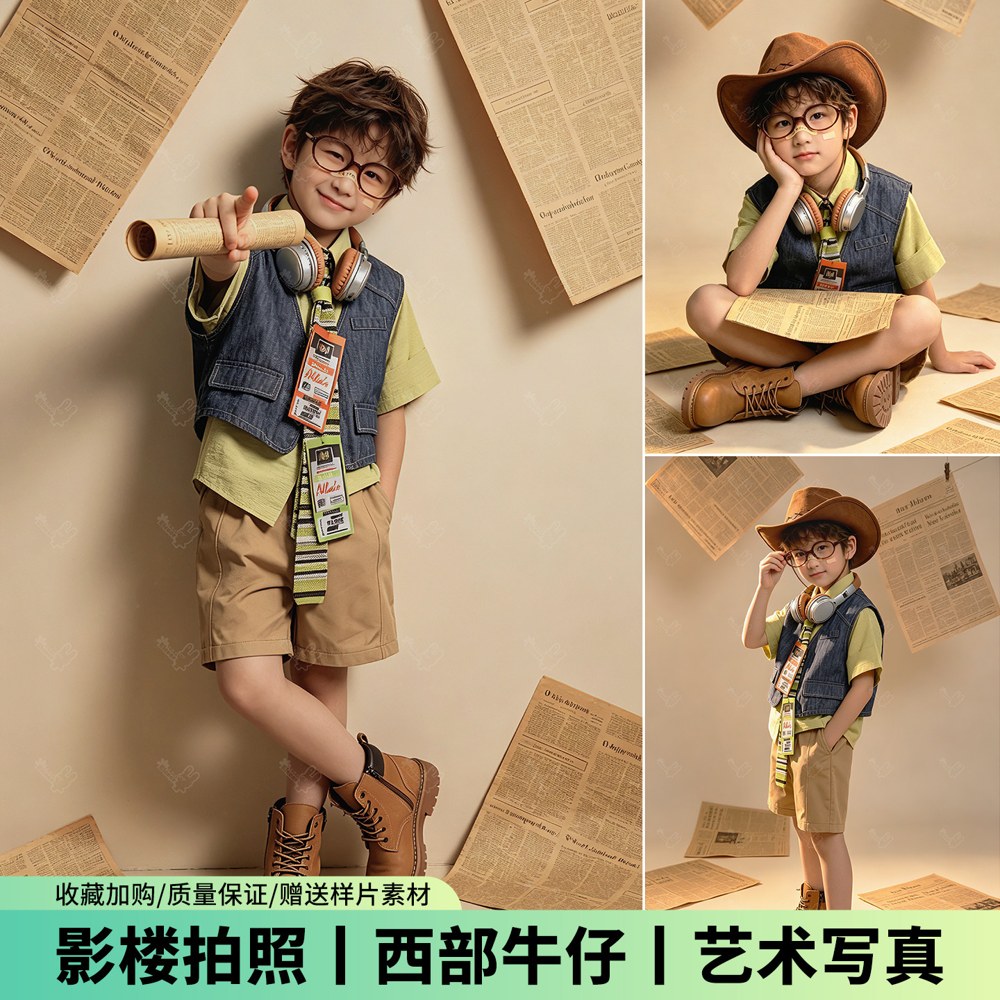 儿童摄影服装复古西部牛仔风套装小童时尚拍照帽子影楼艺术写真照