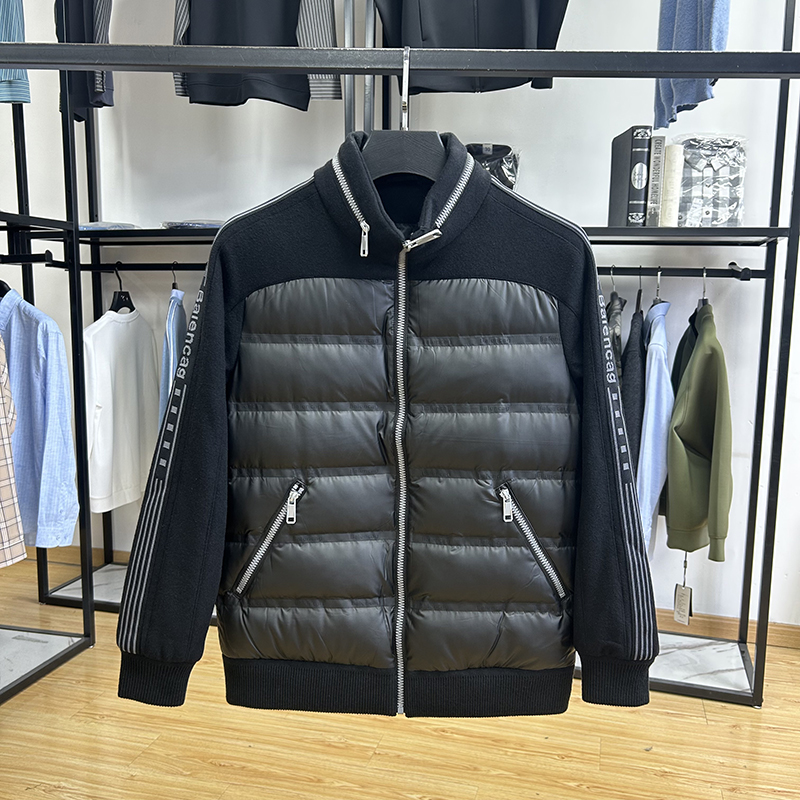 拼接设计时尚休闲立领保暖90白鸭绒外套秋冬季修身百搭帅气羽绒服