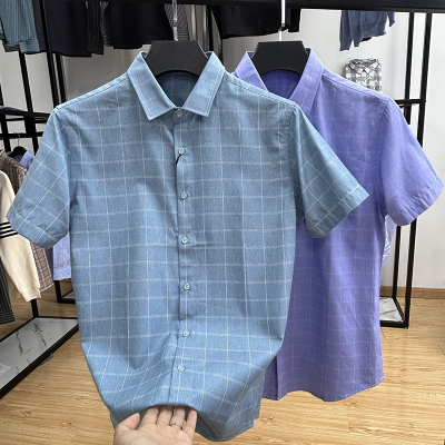剪标时尚格纹舒适透气修身尖领短袖衬衫夏季新品修身衬衣薄