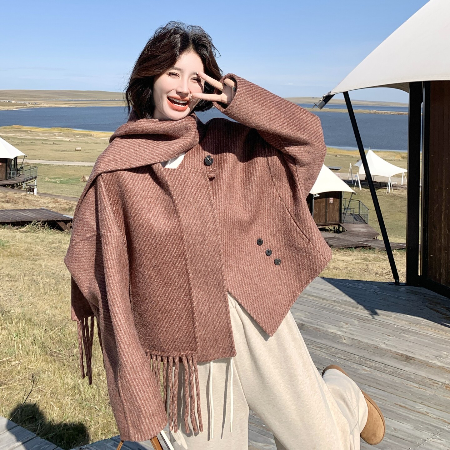 新款现货！秋冬双面羊绒大衣+大围巾2C296-9553-P295-K388,女装羊绒大衣,2C296