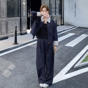 复古撞色翻领牛仔上衣阔腿裤套装女春秋韩系穿搭爆款巨好看两件套图片