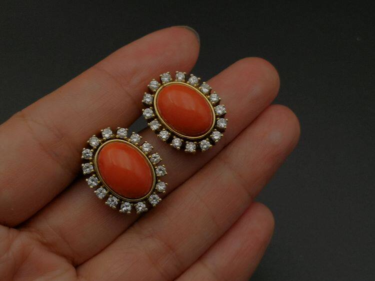 e 德国585/14K黄金镶嵌红色宝石钻石耳夹 重达13克 全品