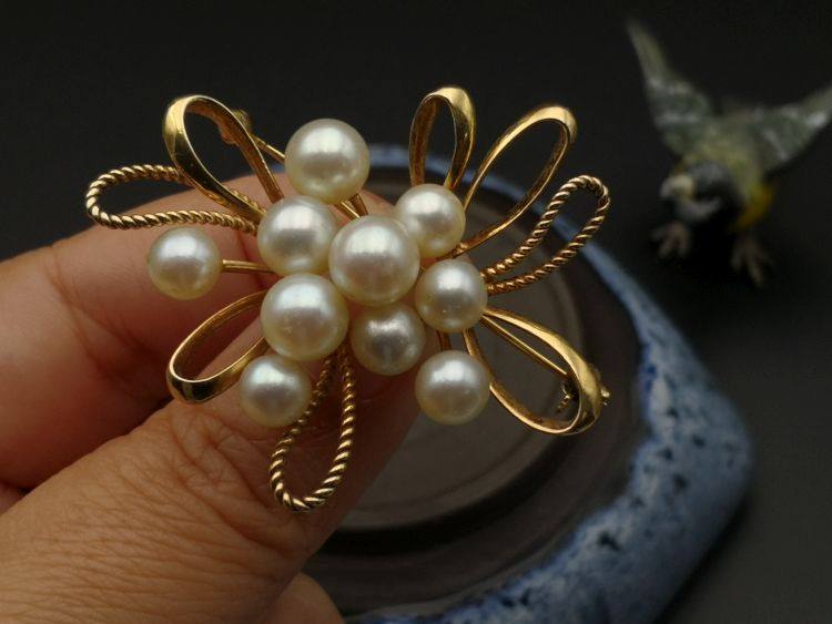 日本御木本MIKIMOTO 14K黄金AKOYA高亮镜面海水珍珠胸针带首饰盒