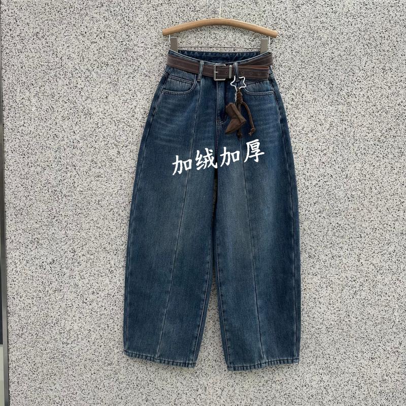 JEANS冬新款爆犀牛25853加绒加厚牛仔裤女宽松显瘦阔腿弯刀拖地裤