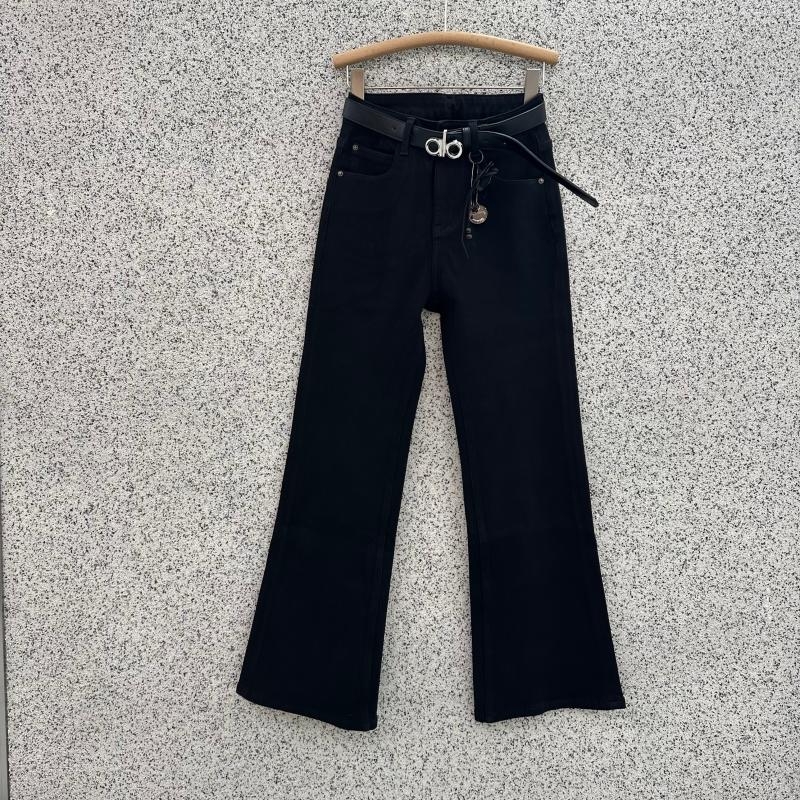 JEANS芭度玄风8591薄绒黑色高腰牛仔喇叭裤修身显瘦弹力微喇长裤