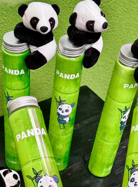 网红一支抱抱竹节杯400ml熊猫竹瓶子塑料pet杯奶茶饮料瓶子水果瓶