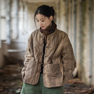 秋冬季原创民族风夹棉女装棉麻棉衣保暖短款棉袄宽松棉服复古外套