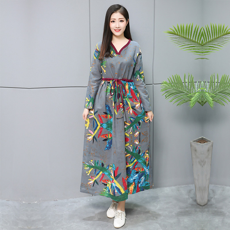 原创秋季女装新款复古文艺宽松中长款袍子连衣裙棉麻印花长袖裙子