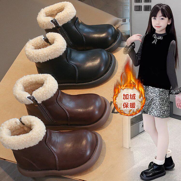 韩系女童卷毛边加绒皮靴侧拉链易穿脱厚底防滑小童冬季保暖棉靴