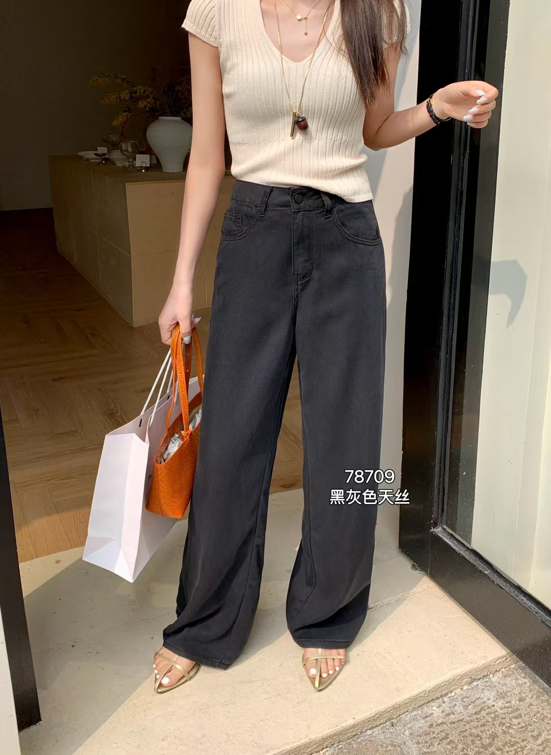 2025春新款韓版高腰顯瘦百搭寬松直筒闊腿褲牛仔褲女