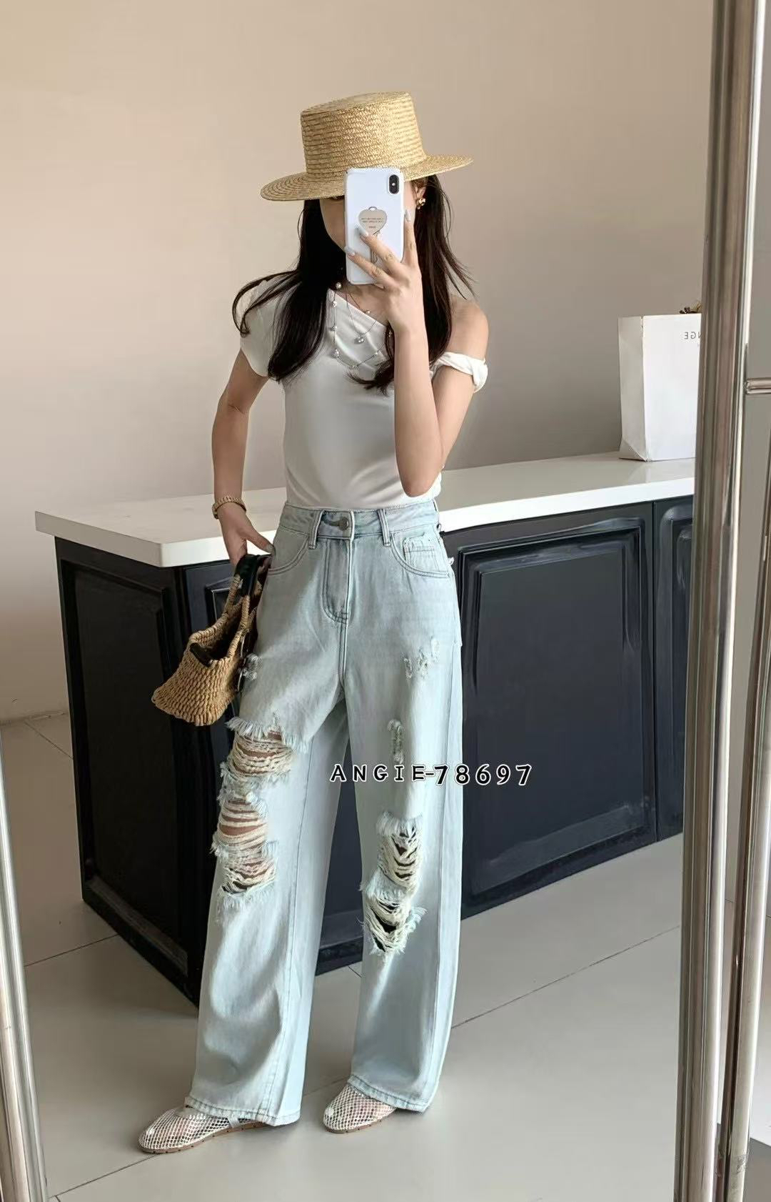 2025夏薄款牛仔淺色慵懶風大破洞垮褲老爹褲牛仔褲女