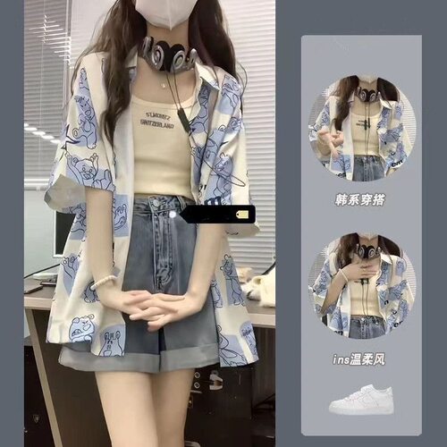夏季学院风穿搭短袖衬衫三件套女