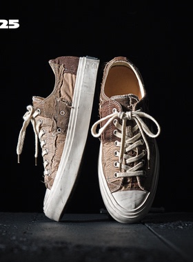 N25-009复古拼接古布牛仔扎染做旧洗水日系低帮厚底硫化帆布鞋