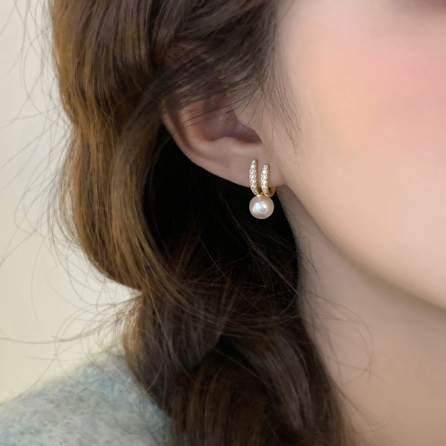 粉光珍珠耳钉气质耳饰女