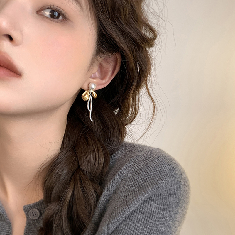 S925银针流苏蝴蝶结耳环珍珠耳钉
