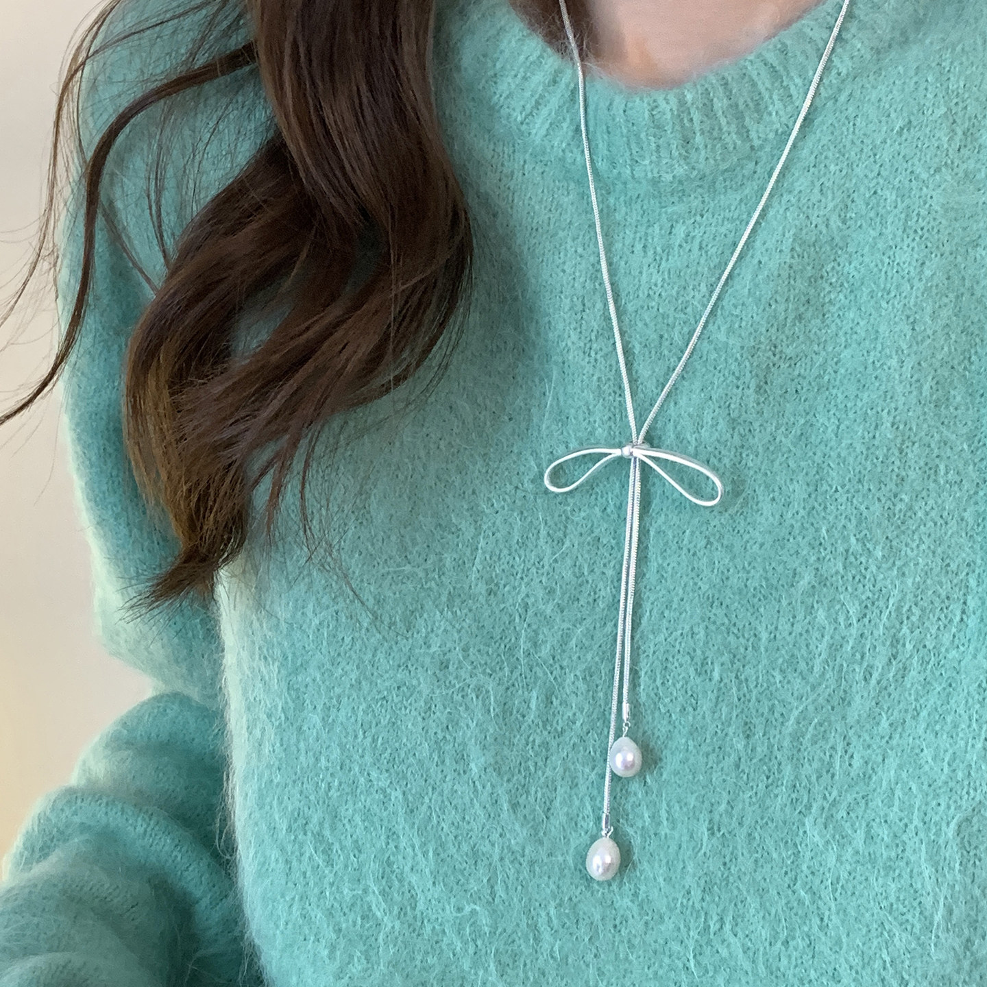 迷度天然巴洛克珍珠毛衣链蝴蝶结流苏项链少女抽拉式长项链秋冬女