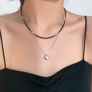 迷度博主fever同款黑晶石项链女时髦气质爱心锁骨链叠戴串珠颈链