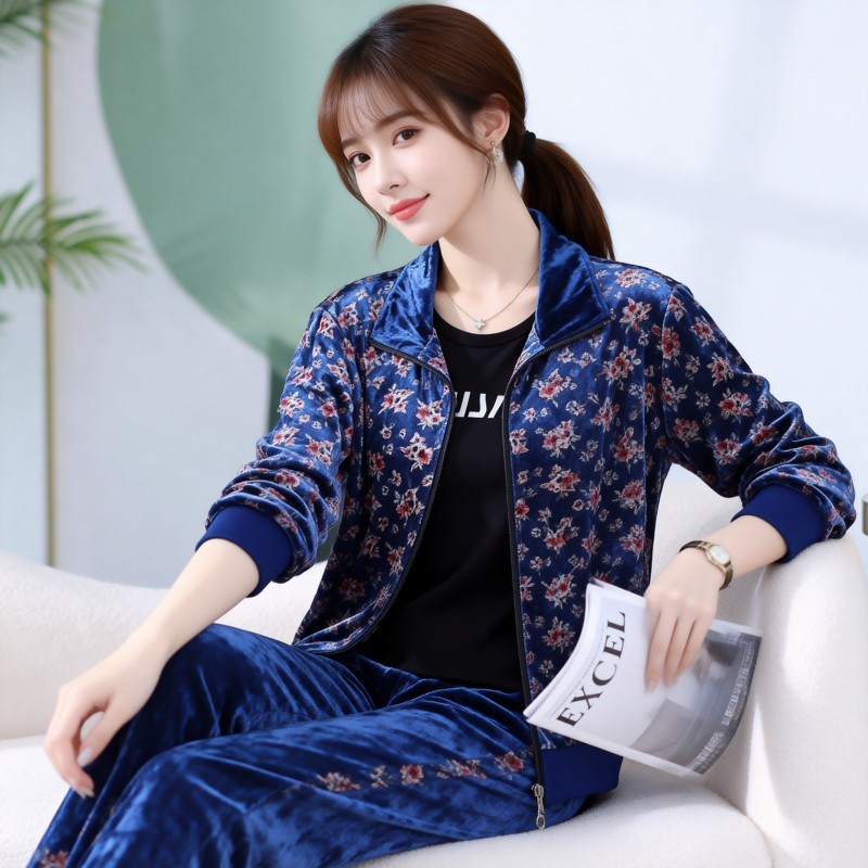 休闲风碎花运动套装女2026秋季新款丝绒开衫外套两件套时尚洋气潮
