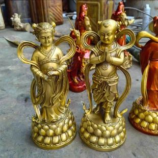 纯铜善财童子龙女佛像金童玉女观音菩萨左右护法神像摆件童男童女