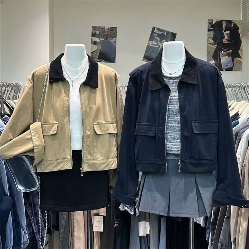 韩版复古撞色翻领拉链牛仔外套女秋季新款设计感宽松短款工装夹克