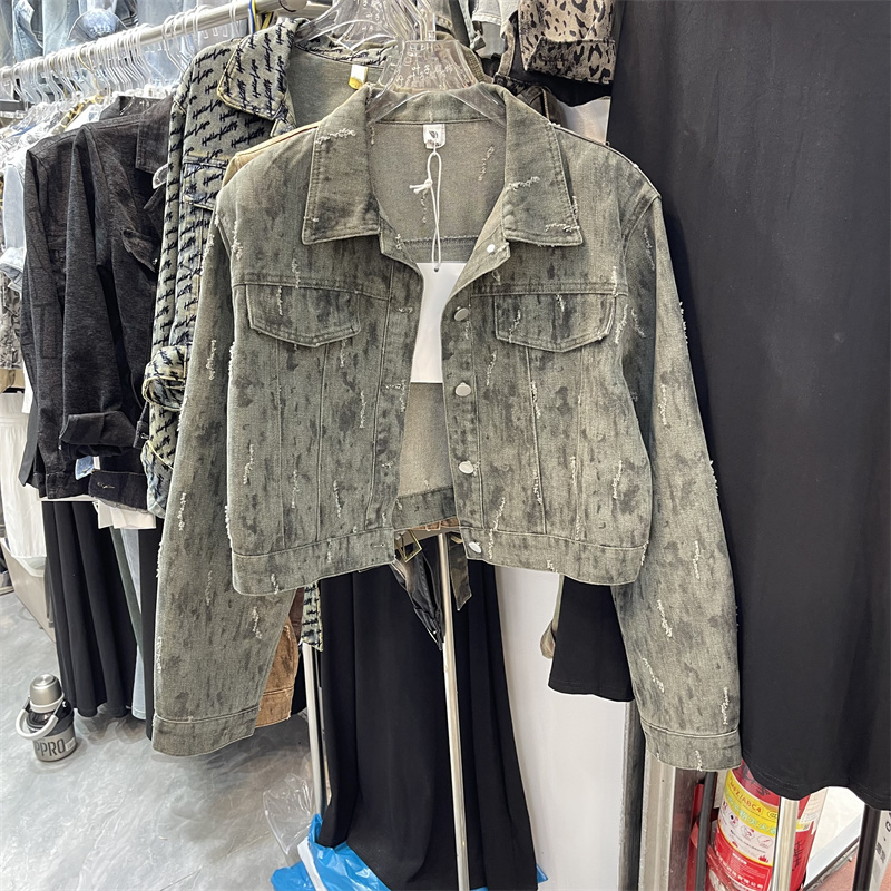 个性辣妹做旧破洞短款牛仔外套女春秋新款设计感垫肩时尚短款夹克