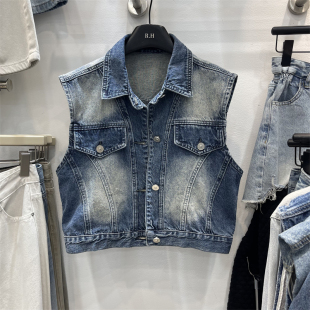 翻领单排扣休闲马夹外套 牛仔马甲女春夏新款 时髦洋气短款 外搭无袖