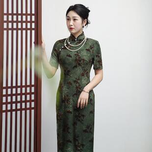 优雅显瘦气质大码中长款时尚夏季修身日常走秀旗袍墨绿色L5337
