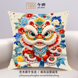 国潮醒狮十字绣抱枕2025年新款客厅沙发卧室靠枕小件手工刺绣满绣