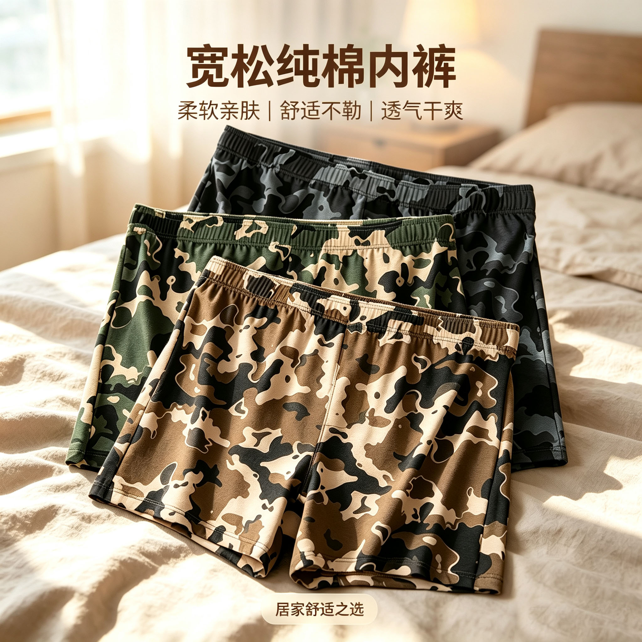 男士迷彩阿罗裤宽松舒适纯棉内裤居家短裤运动平角四角裤透气男款